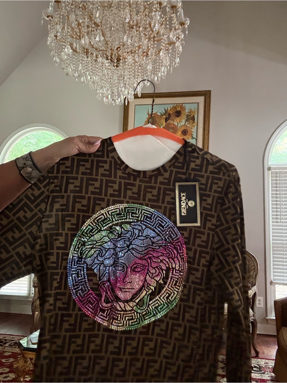 Unisex Brown Designer-Style Crewneck Sweater with Iridescent Medusa Motif